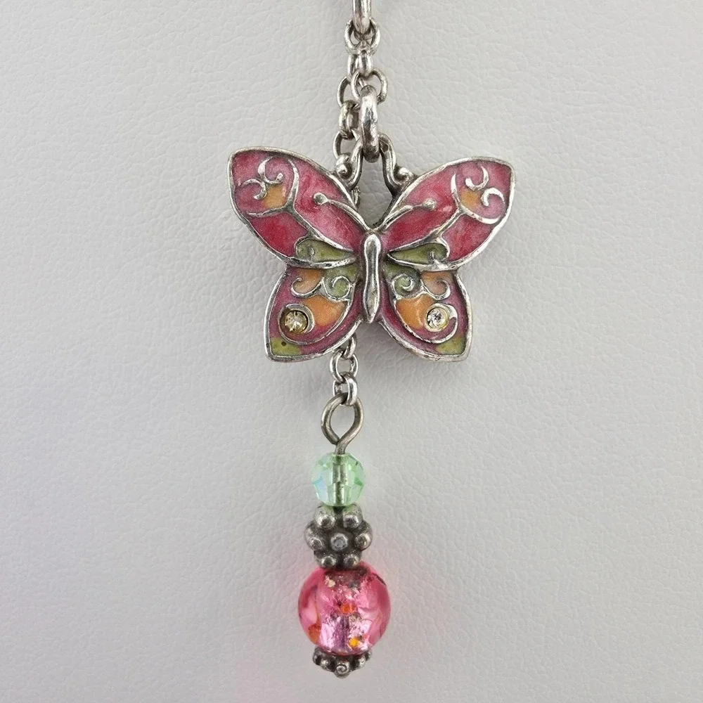BRIGHTON Flutter Y Necklace Butterfly Pink Green Crystal Enamel Silver Plate 19" - Picture 5 of 12